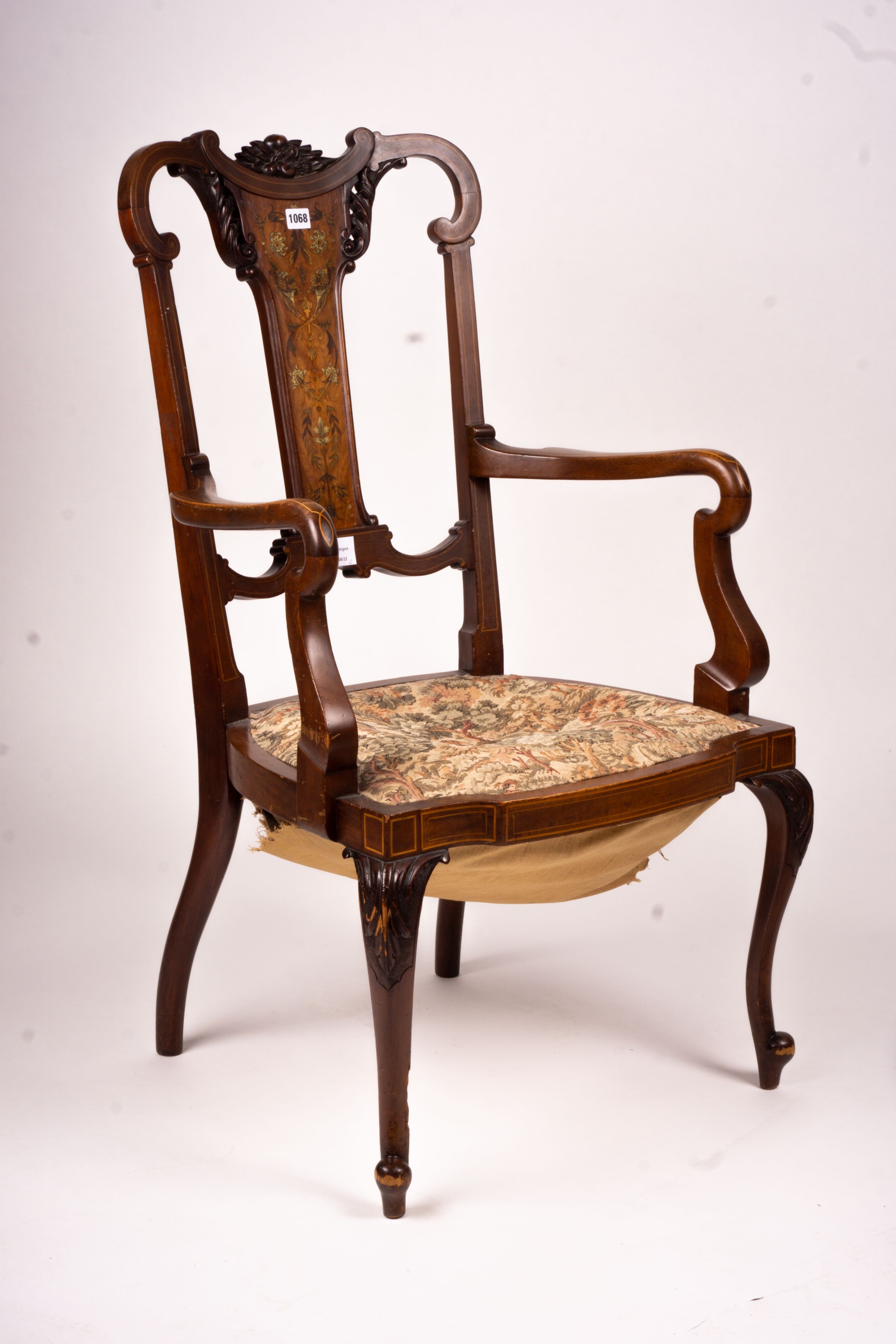 An Edwardian marquetry inlaid elbow chair (AF) and a side chair